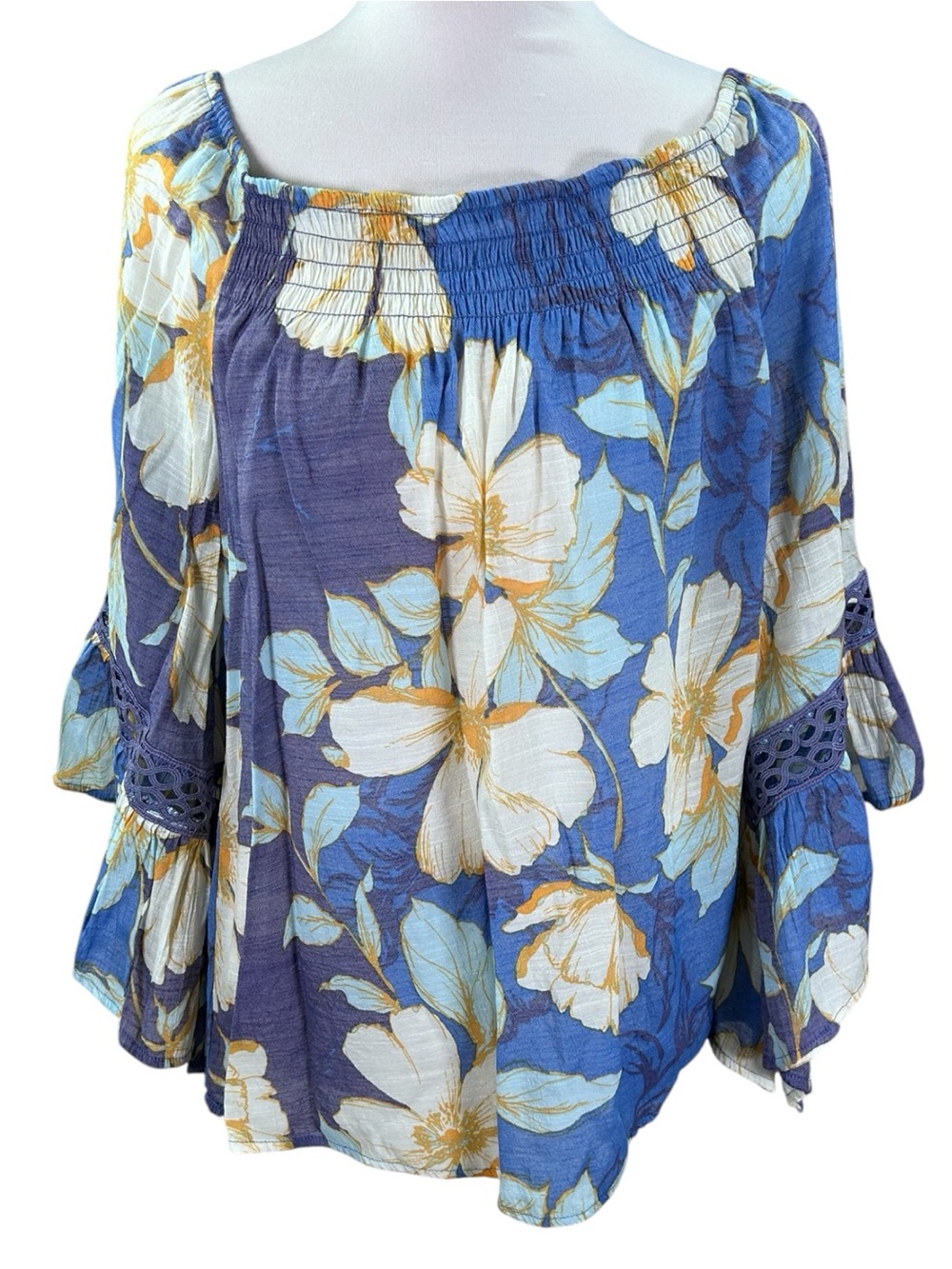 Unique Spectrum Floral Peasant Blouse Women’s XL Bell Sleeve Crochet Lace Boho